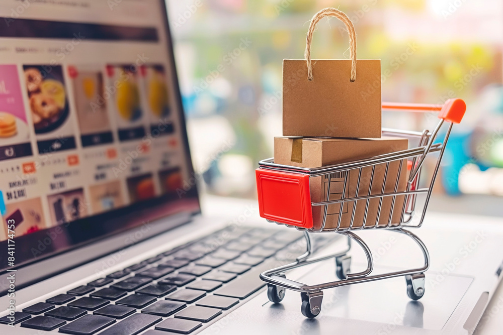 Product package boxes and shopping bag in cart with laptop computer which web store shop on screen for online shopping and delivery concept