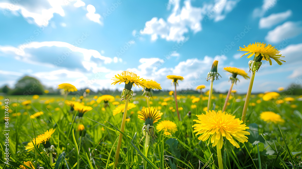 Beautiful meadow field with fresh grass and yellow dandelion flowers in nature against a blurry blue sky with clouds. Summer spring perfect natural landscape Beautiful meadow field with fresh grass and yellow dandelion flowers in nature against a blurry blue sky with clouds. Summer spring perfect natural landscape