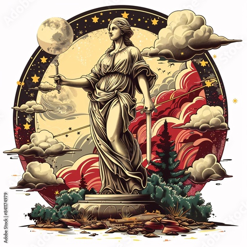 A woman holding a sword and standing in front of a moon