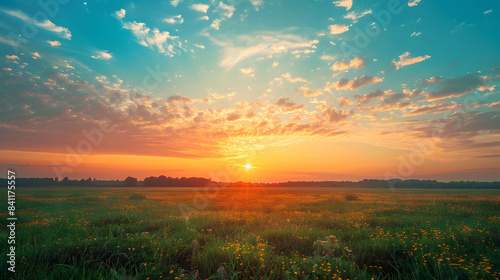 Beautiful morning natural summer landscape with a field of wild grass and textured expressive sky. Vibrant gold sunrise over a rural landscape