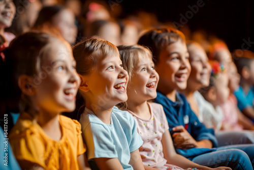 Side view of diverse children audience enjoying a kids concert or movie with happy smiling faces