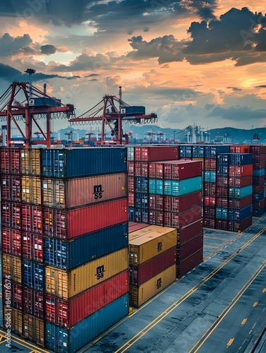Bustling Shipping Port During Stunning Sunset with Towering Cargo Containers