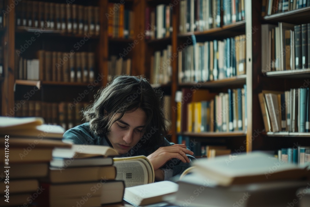 A student sitting in a library surrounded by books and papers A student sitting in a library surrounded by books and papers