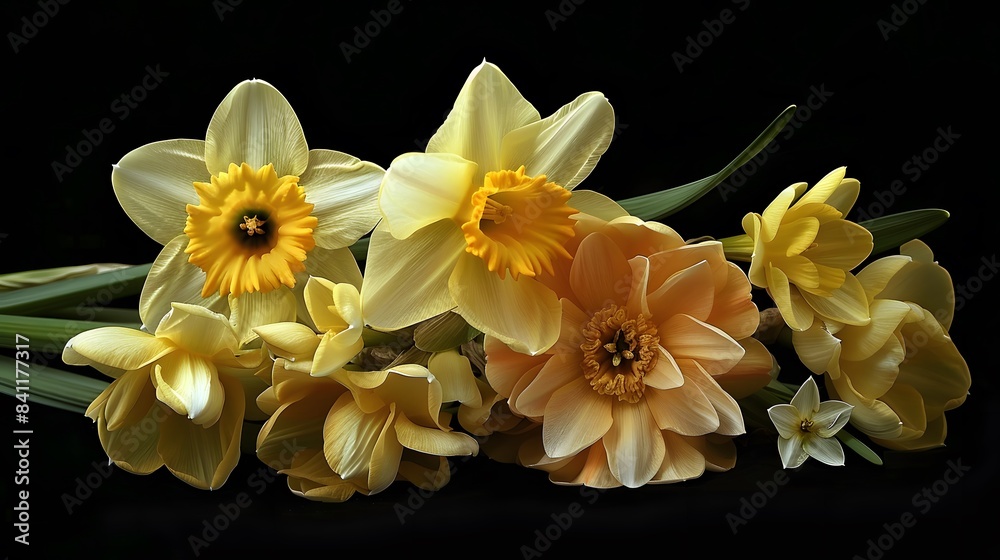 ellow narcissus and crown imperial flowers isolated on black