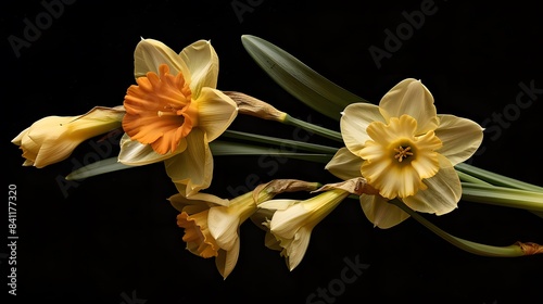 ellow narcissus and crown imperial flowers isolated on black photo