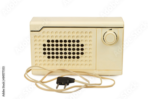 Old wired radio on a white background. Subscriber loudspeaker. Wired radio receiver.