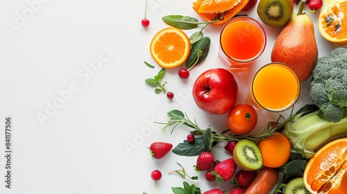 Overhead shot of an assortment of fruits and vegetables with fresh juices on a white background