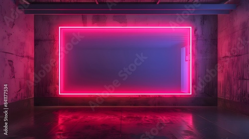 One large neon light glowing blank picture frame on dark background in empty room, for event poster, advertising, fashion modern product display, night club sign