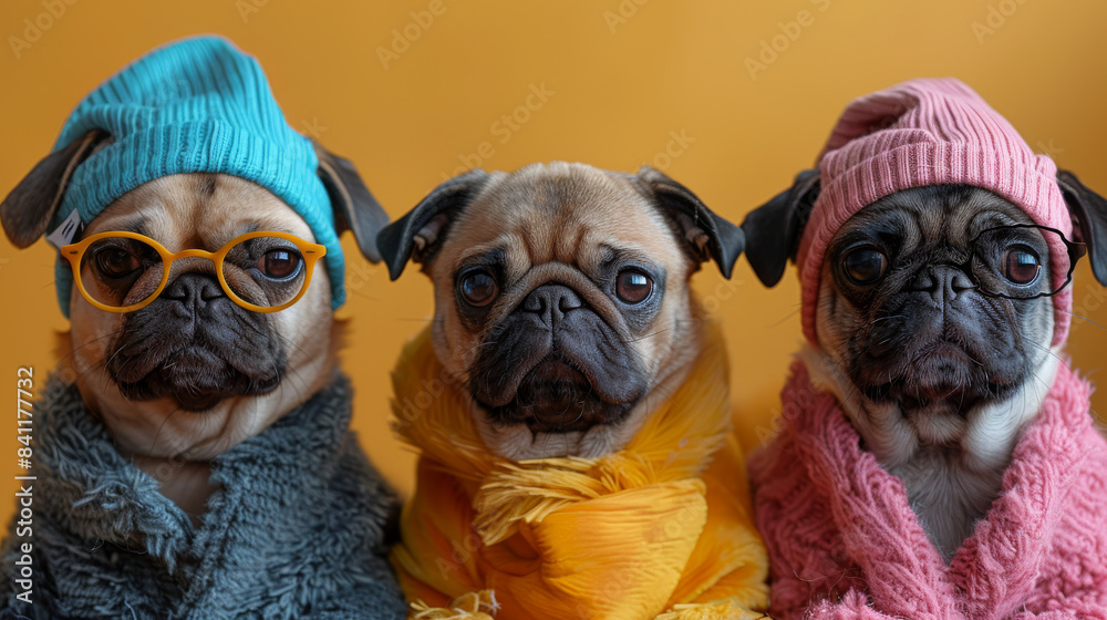 Three Pugs Wearing Winter Accessories Against A Yellow Background Three Pugs Wearing Winter Accessories Against A Yellow Background