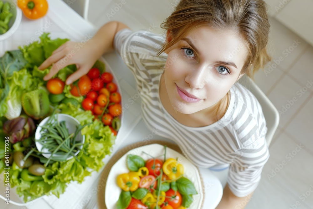 Top-down view of a smiling woman surrounded by fresh vegetables, promoting a healthy diet and nutrition Top-down view of a smiling woman surrounded by fresh vegetables, promoting a healthy diet and nutrition