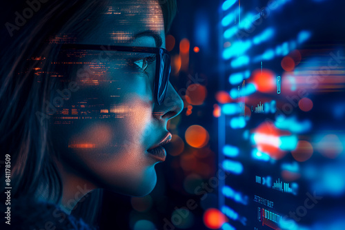 Software, coding hologram and woman on tablet thinking of data analytics, digital technology and night overlay. Programmer or IT person in glasses on 3d screen, programming and cybersecurity research