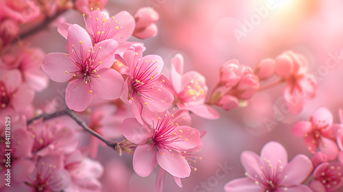 Beautiful spring natural background with pink cherry blossom flowers close up macro