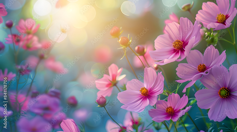Fototapeta premium Beautiful spring summer bright natural background with colorful cosmos flowers close up