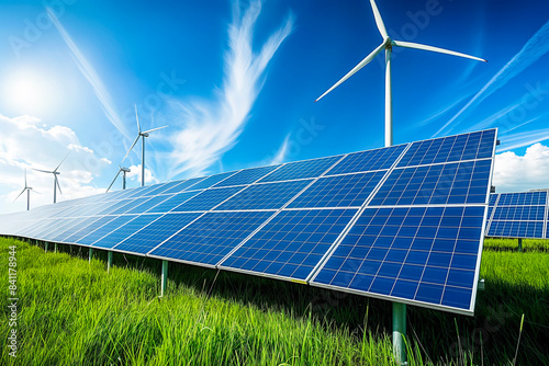 solar panels and wind turbines generating electricity in power station green energy renewable with blue sky background