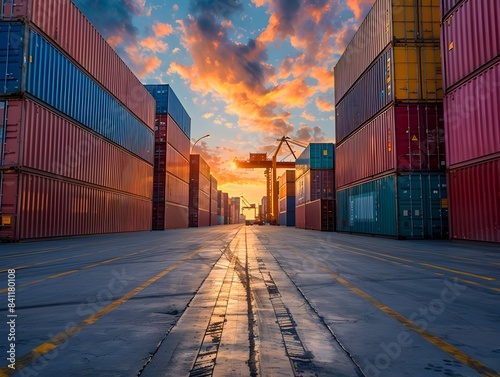 Colorful sunset over container port with cargo shipping and freight logistics