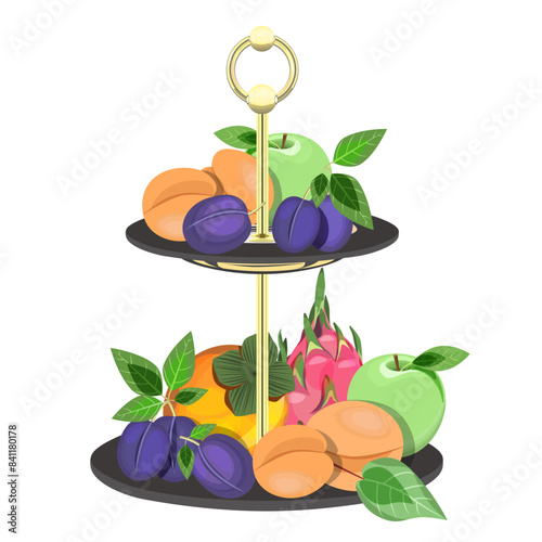 Fruits on a tiered stand for dessert apples, plums, apricots, persimmons, dragon fruit on a white background. Fruit composition for restaurant menus, summer designs.