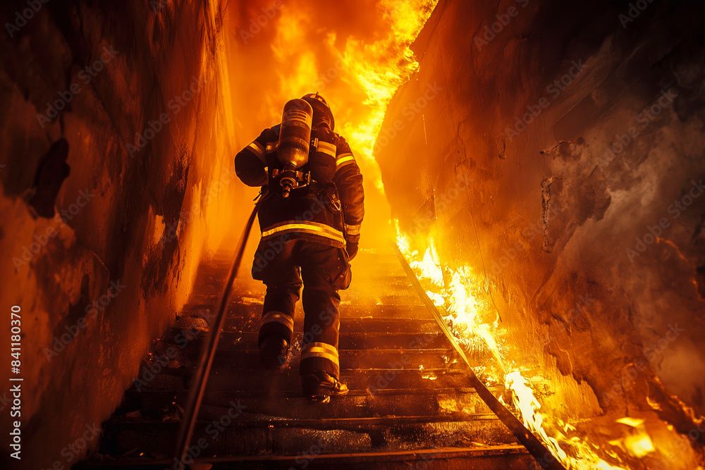 Fototapeta premium Strong and brave Firefighter Going Up The Stairs in Burning Building. Stairs Burn With Open Flames.