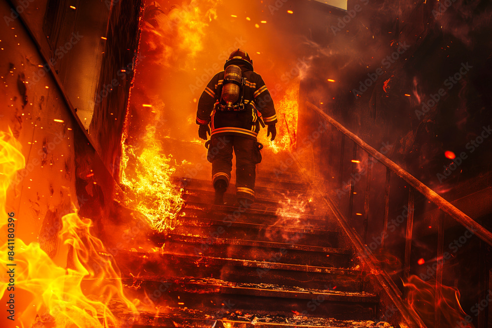 Strong and brave Firefighter Going Up The Stairs in Burning Building. Stairs Burn With Open Flames. Strong and brave Firefighter Going Up The Stairs in Burning Building. Stairs Burn With Open Flames.
