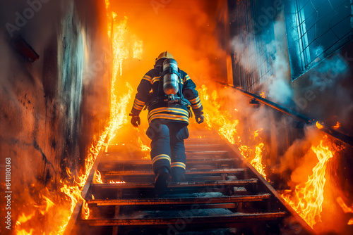 Strong and brave Firefighter Going Up The Stairs in Burning Building. Stairs Burn With Open Flames. photo