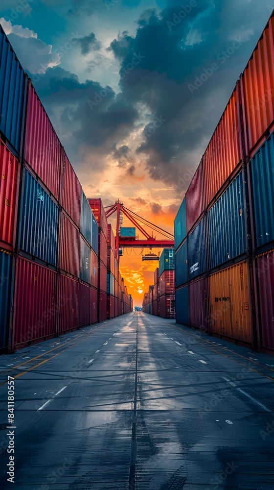 Fototapeta premium Sunset at the Bustling Shipping Container Port Facility