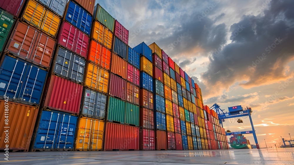 Fototapeta premium Colorful Stacked Shipping Containers at Sunset Panoramic Seaport Landscape