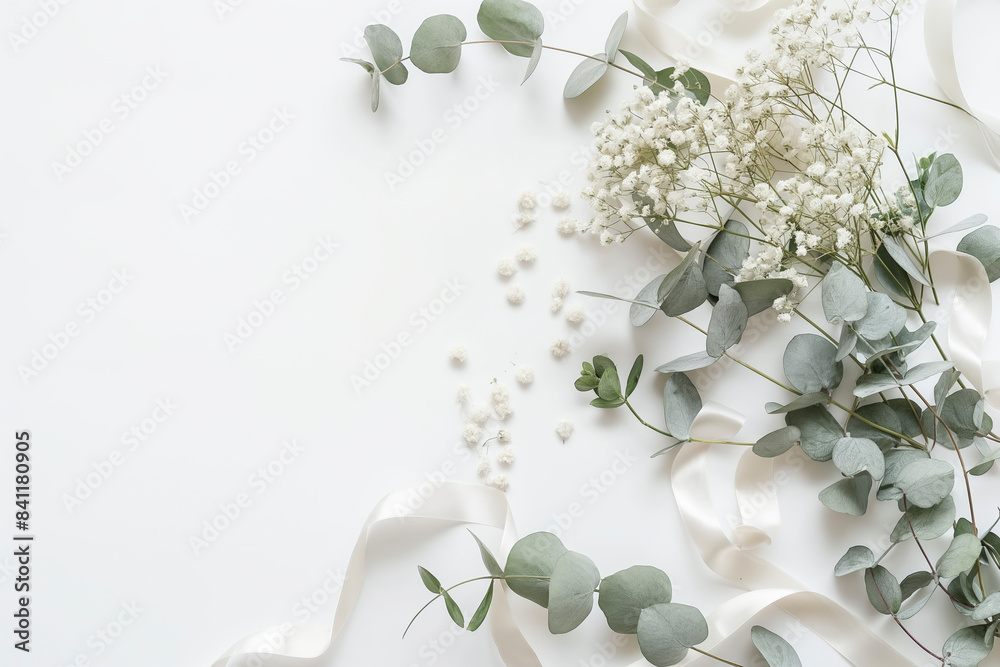 Fototapeta premium Styled stock photo. Feminine wedding desktop mockup with baby's breath Gypsophila flowers, dry green eucalyptus leaves, satin ribbon and white background. Empty space. Top view. Picture for blog.