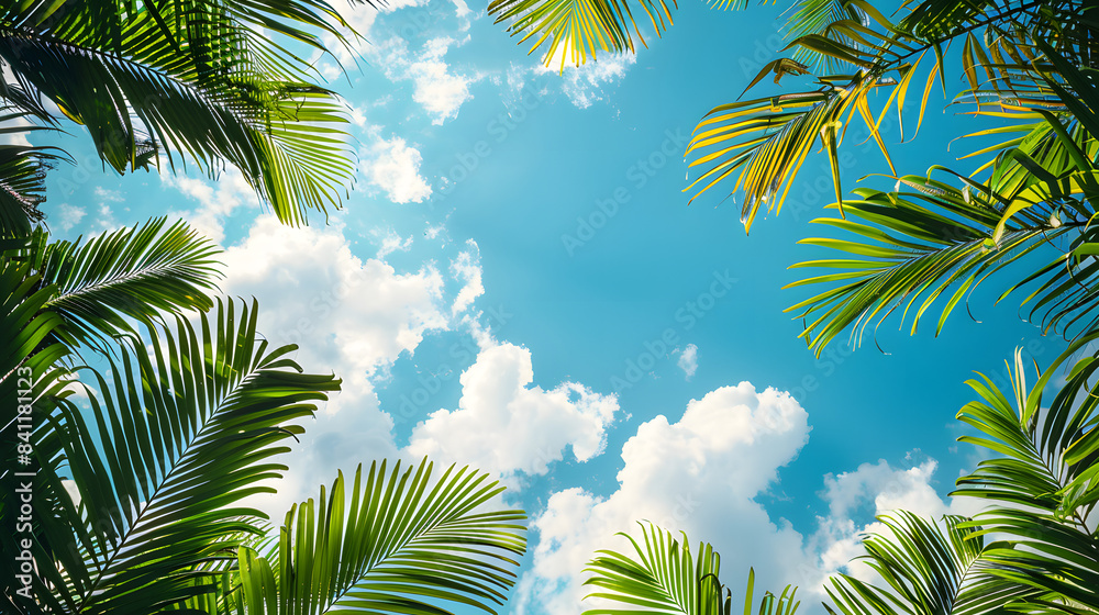 Beautiful tropical palm trees against blue sky with white clouds. Natural background with copy space