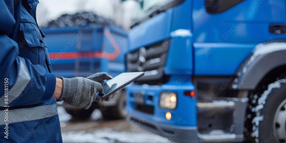 Worker using a tablet near garbage trucks, managing waste collection operations with modern technology in an urban environment, wearing reflective safety gear. Worker using a tablet near garbage trucks, managing waste collection operations with modern technology in an urban environment, wearing reflective safety gear.
