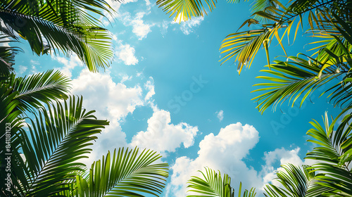 Beautiful tropical palm trees against blue sky with white clouds. Natural background with copy space