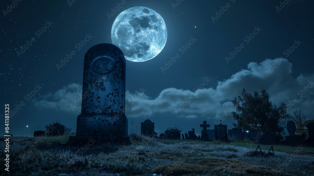 A Single Headstone Stands Tall Under a Bright Full Moon in a Cemetery at Night A Single Headstone Stands Tall Under a Bright Full Moon in a Cemetery at Night