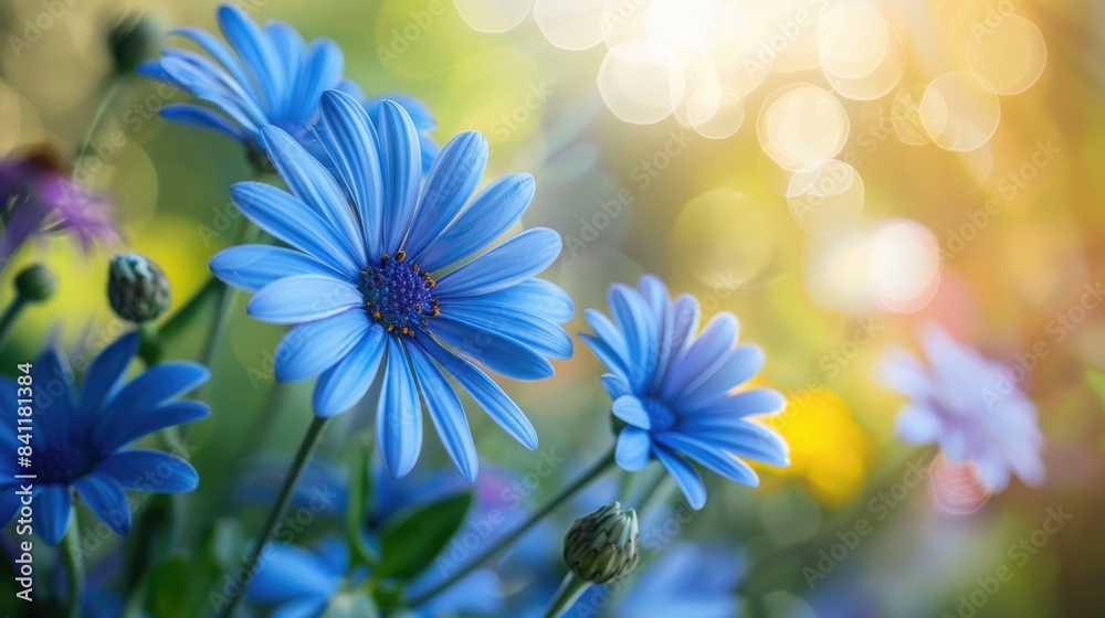 Fototapeta premium Blue daisy flowers basking in the sunlight creating a bright flower background in the garden