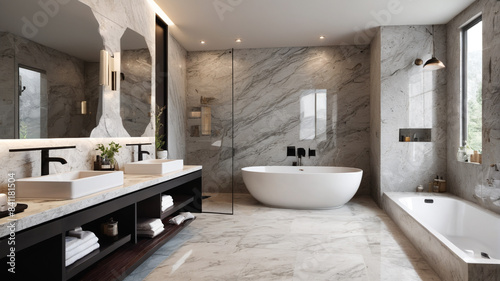 Chic Bathroom Escapes  Polished Granite  Designer Fixtures  Relaxing Ambiance  Generative AI