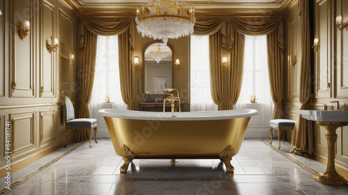 Regal Bathroom Enclaves: Gold Leaf Accents, Clawfoot Tubs, Royal Indulgence, Generative AI photo