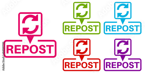 Set collections repost trendy colorful icon sign. Social media labels design template Vector illustration