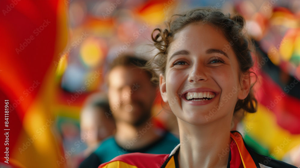 Fototapeta premium Lachender deutscher Fussball Fan beim Spiel im Stadion