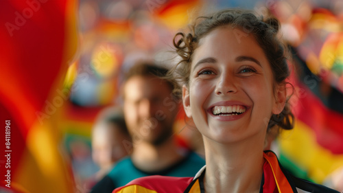 Lachender deutscher Fussball Fan beim Spiel im Stadion