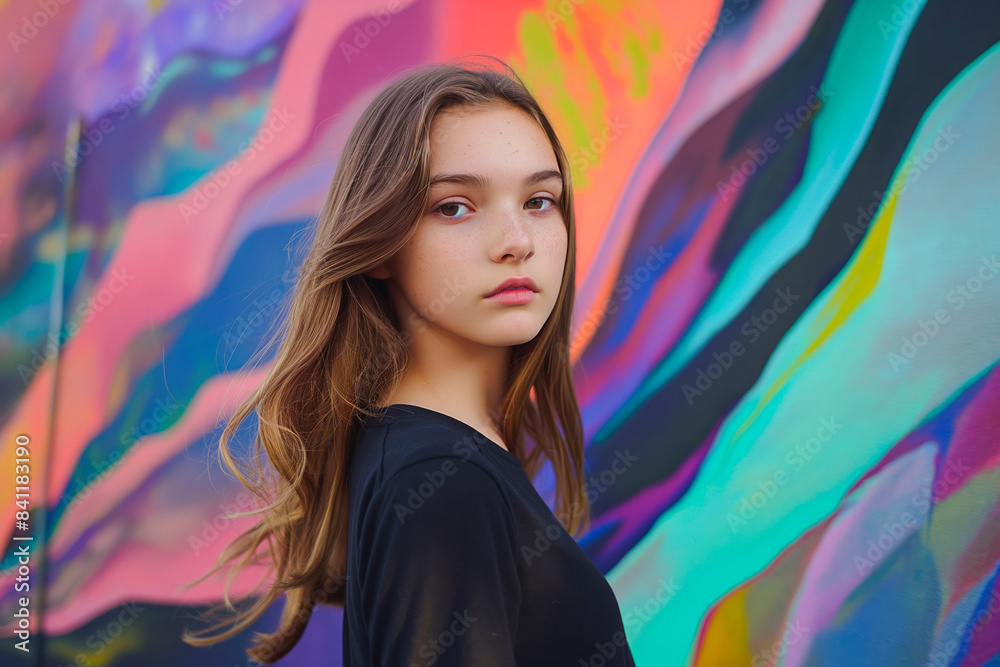 Teenage girl posing in front of colourful backdrop. Teenage girl posing in front of colourful backdrop.