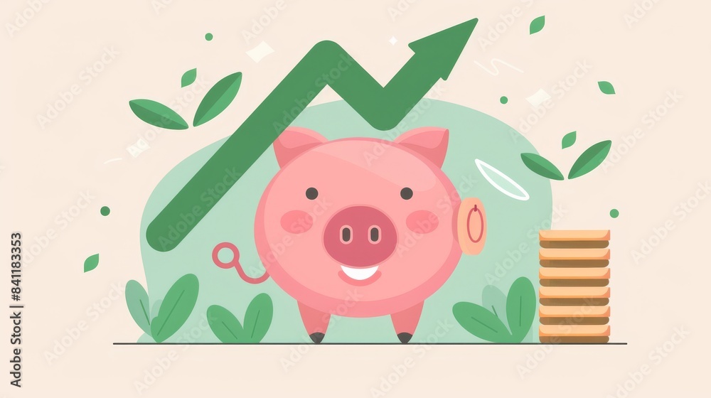 Obraz premium Piggy bank full of coins, large green arrow pointing up, flat design, top view, growth theme, cartoon drawing, vivid colors