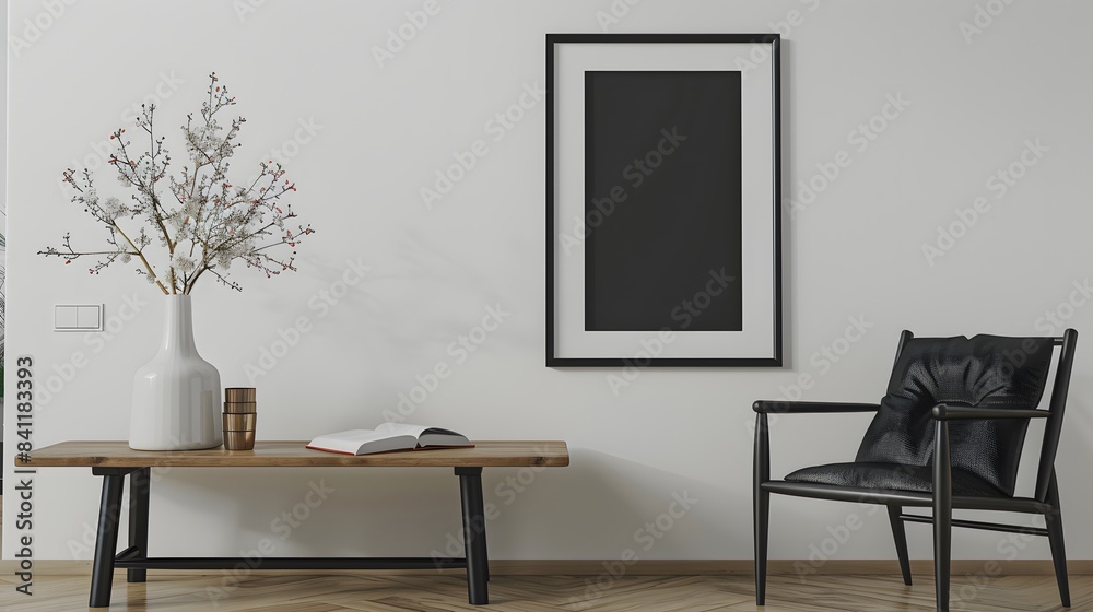 Living room with open book, vase of blossoms, wooden table, black chair, empty poster frame on white wall
