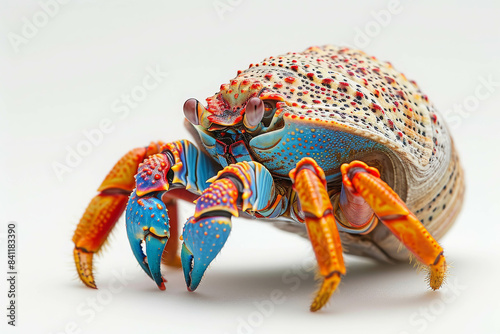 Close-up view of a hermit crab with clear details isolated on white background.