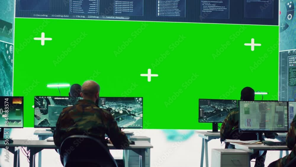 Us Command Screen Diverse group of privates operating on a big screen isolated display ...