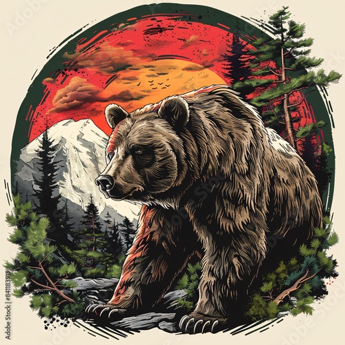 A bear is standing in a forest with a mountain in the background