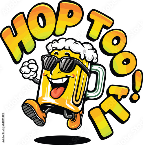 Energetic Cartoon Beer Mug Character Featuring Hops for a Fun Beverage Design