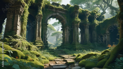 A journey through forgotten ruins engulfed in nature's embrace, Generative AI