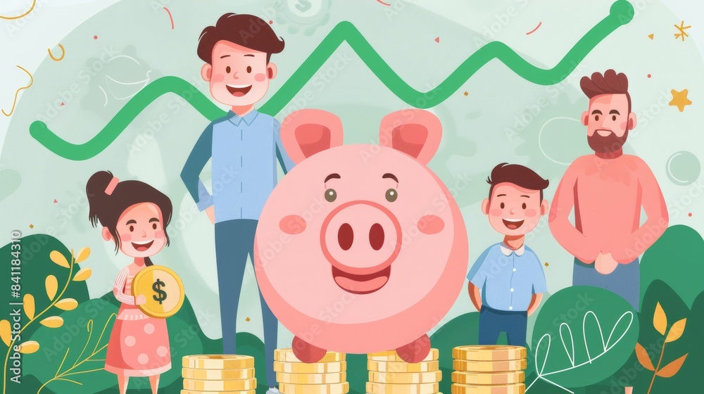 Piggy bank full of coins, family smiling in background, green upward ...