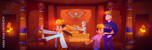 Frightened children run out of Egyptian temple room where mummy in bandage rising from tomb. Cartoon vector scary scenery with revived Egypt pharaoh zombie in sarcophagus in ancient pyramid palace.