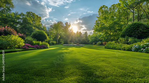 Fototapeta Naklejka Na Ścianę i Meble -  Beautiful wide format image of a manicured country lawn surrounded by trees and shrubs on a bright summer day. Spring summer nature