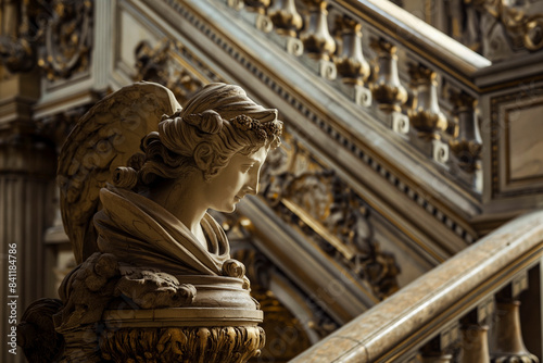 Stone angel statue in ornate classical interior