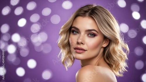 pretty woman on purple bokeh bright background model photoshoot for ad concept marketing smooth skin and beauty products