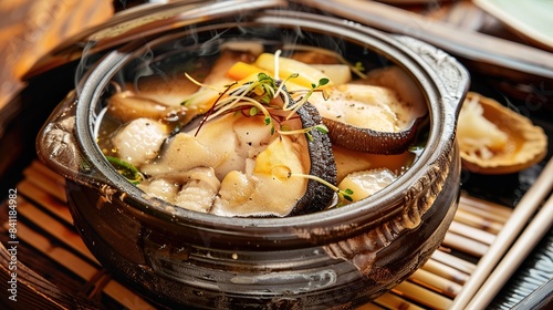 steamed matsutake mushroom and pike conger with Japanese broth in an earthenware . Generative Ai